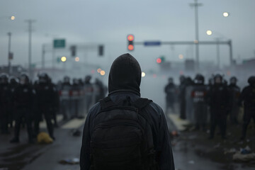 Lone protester facing a line of riot police on misty street