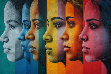 Obraz premium Vibrant multi-colored mural of women's profiles