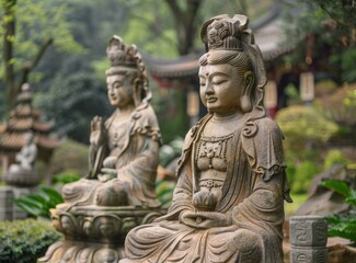 Fototapeta na wymiar Two stone bodhisattvas in a garden