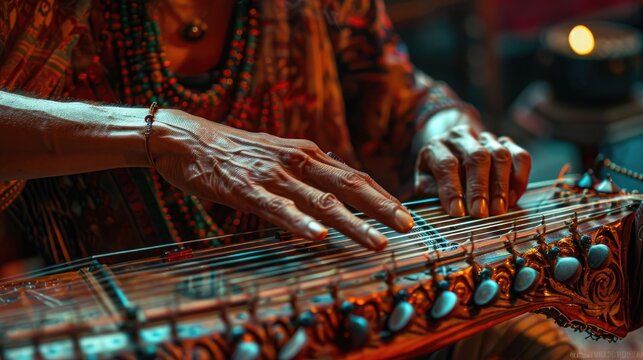 A captivating image of a musician's hands playing a unique handcrafted instrument, blending creativity and musicality on National Creativity Day.