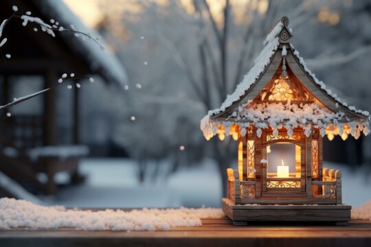 A wooden lantern sits on a snowy wooden surface surrounded by snow-covered trees and houses in the background.