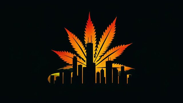 Pushing towards a orange marijuana leaf with the Chicago skyline in silhouette in front of it. Logo or background for Chicago based cannabis products company.