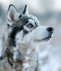 Naklejka premium A beautiful Siberian Husky in the snow