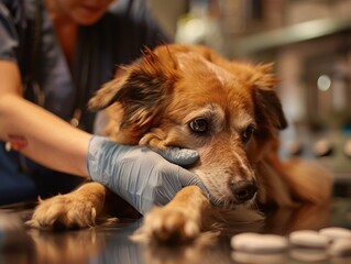 Close-up of a sad dog at the vet's office with a paw on a table as the vet holds its head in a comforting gesture