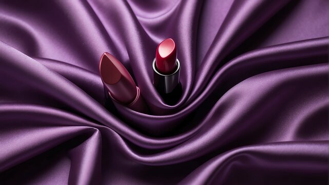 lipstick variation on purple silk satin fabric backgro background from Generative AI