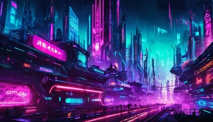 Cyberpunk-inspired background with futuristic cityscapes and neon lights.
