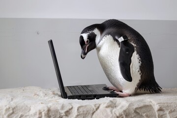 A penguin is sitting on a white surface and looking at a laptop. - obrazy, fototapety, plakaty