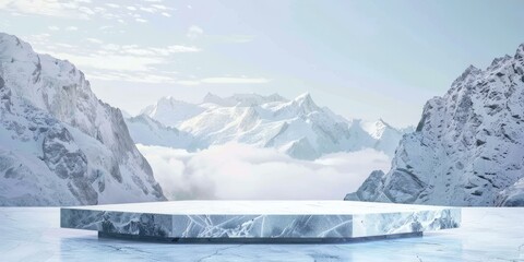 3D rendering of a marble podium in a snowy mountain landscape - obrazy, fototapety, plakaty