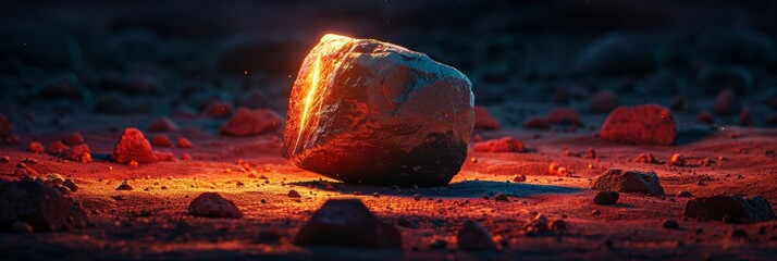 Enchanting meteorite fragment on sand, softly lit, evoking wonder at universe s mysteries