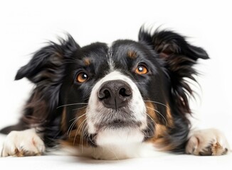 A Border Collie staring at the camera with its paws in front