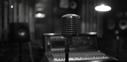A black and white close-up of a retro microphone with a sound mixer and recording equipment in the...