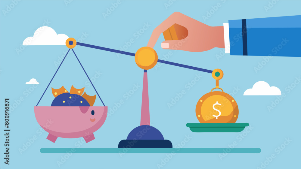 Poster a hand dropping coins into a piggy bank on one side of the scale while a hand on the other side is r