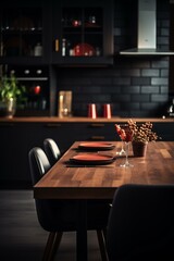 A wooden table with two place settings in a modern kitchen