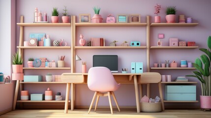 A pink and blue home office with a lot of plants and shelves