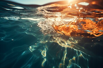 Underwater sunlit ocean surface with caustics and bubbles