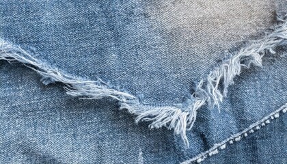 Destroyed torn denim blue jeans texture. Ripped denim blue cloth background. 