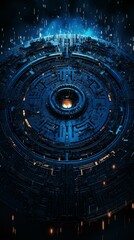 futuristic blue circular spaceship illustration
