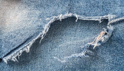 Destroyed torn denim blue jeans texture. Ripped denim blue cloth background. 