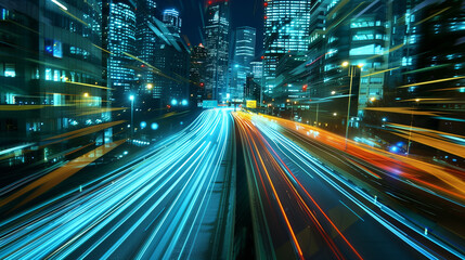 Fototapeta na wymiar Speed and Motion in City Night, Urban Transportation and Technology, Dynamic Road and Light Trails 