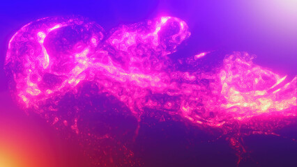 Purple multi-colored energy glowing magic liquid made of waves and electric iridescent plasma of high-tech digital lines and particles in water. Abstract background