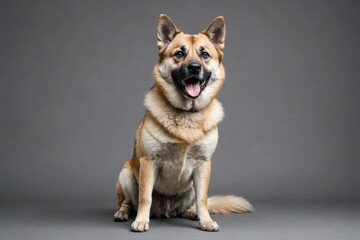 sit Norwegian Buhund dog with open mouth looking at camera, copy space. Studio shot.