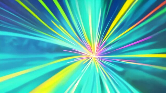 Abstract animation, burst of blue, yellow, and pink rays travelling from center, blue background, 4K