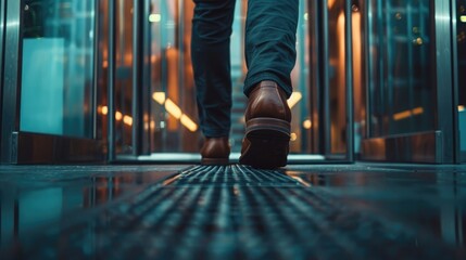 A captivating image of a person's feet, stepping out of the office building, representing the liberation of leaving early on Leave The Office Early Day.