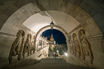View on the Old Fisherman Bastion in Budapest. Arch Gallery. Popular tourist attraction in Hungary....