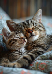 Mother Cat nurturing sleeping Kitten on bed. Cute. Affection. Nurturing. Feline.