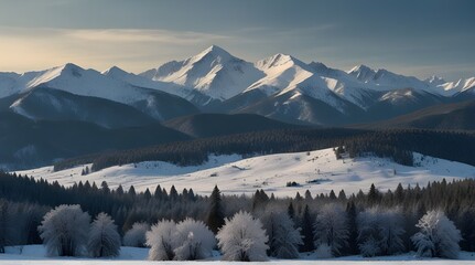 Landscape photo of snow covered mountains in winter. Copy space for text, message.generative.ai