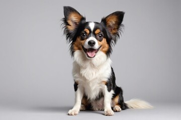 sit Papillon dog with open mouth looking at camera, copy space. Studio shot.