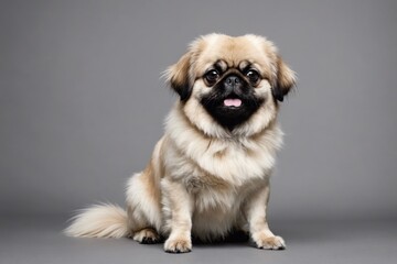sit Pekingese dog with open mouth looking at camera, copy space. Studio shot.
