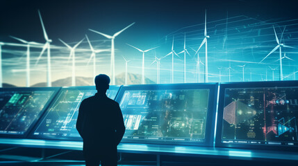 Fototapeta premium Advanced AI monitoring renewable energy grids, visualized in a sleek, high-tech style, copy space for text right or left or center choose one position, photo shot