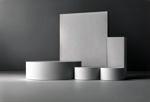 'presentation goods podiums set mockup template three Minimalist white product rectangle scene showing poduim pedestal dais cup design interior kitchen plate table empty room bowl home light stack'