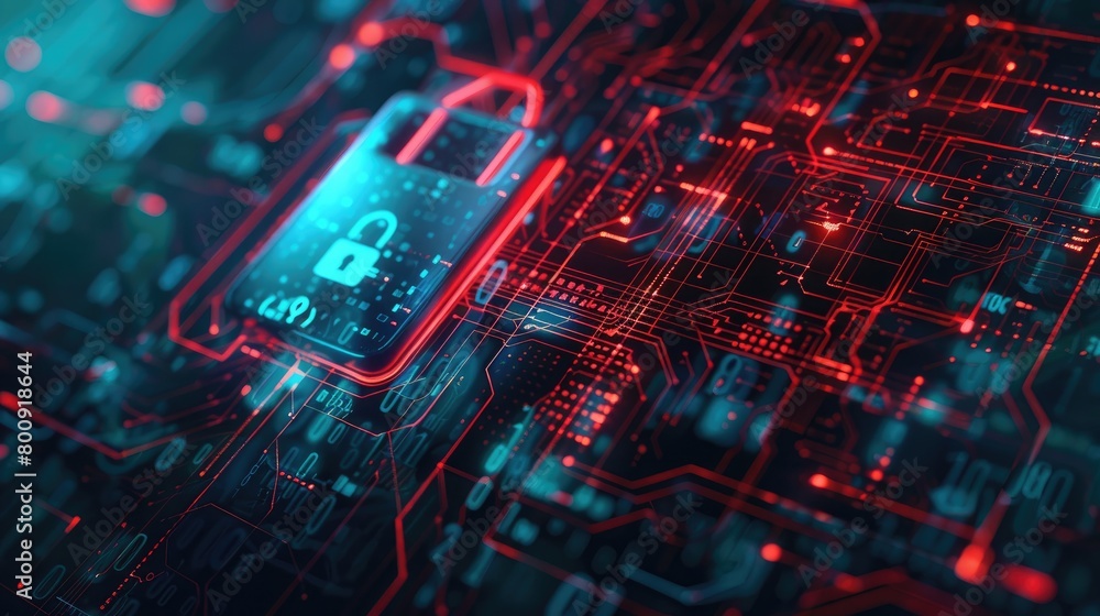 Aufkleber cyber security concept of closeup of computing motherboard and security lock