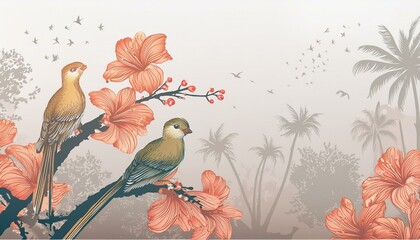 Colorful, exotic birds sitting on flowering tree branches. Graphics, wallpaper, drawing