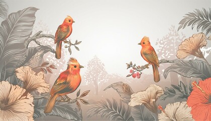 Kolorowe, egzotyczne ptaki siedzące na kwitnących gałęziach drzew. Grafika, tapeta, rysunek