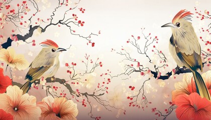 Colorful, exotic birds sitting on flowering tree branches. Graphics, wallpaper, drawing