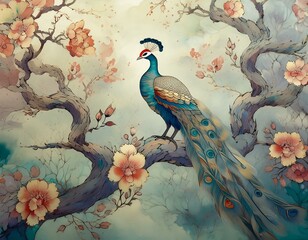 Colorful peacocks sitting on a tree branch. Oriental, exotic wallpaper, graphics