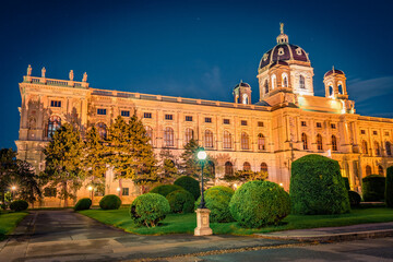 Illuminated spring scene of Maria Theresa Square with famous Naturhistorisches Museum (Natural History Museum). Stunning night cityscape of Vienna, Austria, Europe. Travel the world..