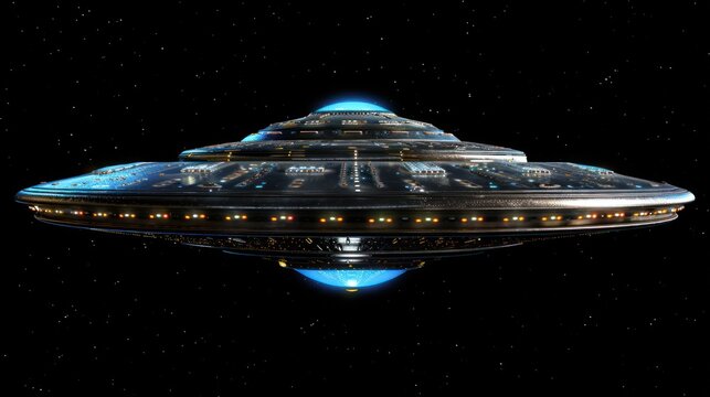 UFO, flying saucer outer spaceship from outer space isolated on black background.