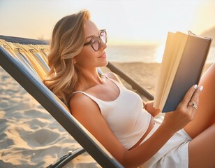 Kobieta leżąca na leżaku na plaży i czytająca książkę. Wakacje, lato, wczasy