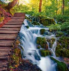 Wonderful sunrise in Plitvice National Park. Green spring scene of foliage forest with pure water...