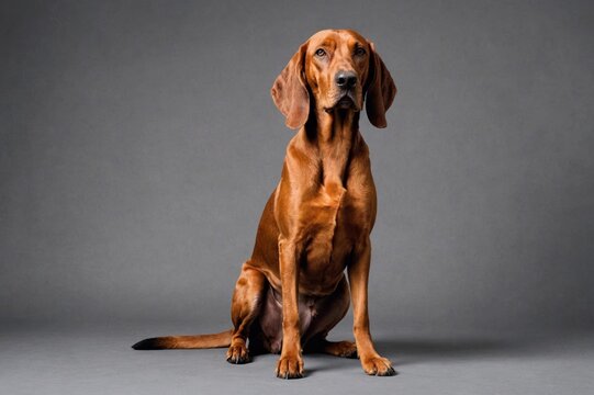 sit Redbone Coonhound dog looking at camera, copy space. Studio shot.