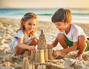 Dzieci budujące na plaży zamki z piasku