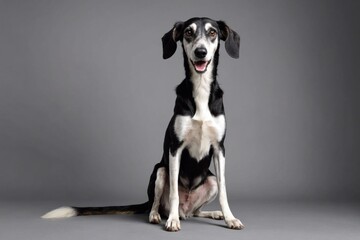 sit Saluki dog with open mouth looking at camera, copy space. Studio shot.