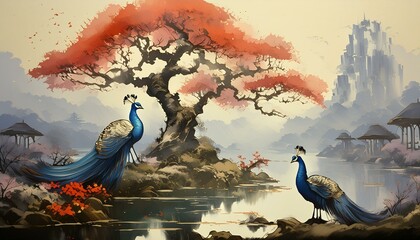 Kolorowe pawie siedzące na gałęzi drzewa. W tle ogród. Orientalna, egzotyczna tapeta, grafika - obrazy, fototapety, plakaty