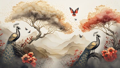 Kolorowe pawie siedzące na gałęzi drzewa. W tle ogród. Orientalna, egzotyczna tapeta, grafika - obrazy, fototapety, plakaty