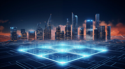 Rooftop and skyscrapers with wireframe hologram, Futuristic city, photo shot