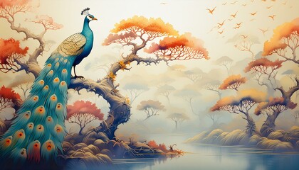 Kolorowe pawie siedzące na gałęzi drzewa. Orientalna, egzotyczna tapeta, grafika - obrazy, fototapety, plakaty